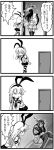  2girls 4koma anger_vein choufu_shimin comic door elbow_gloves flying_sweatdrops gloves headgear kantai_collection monochrome multiple_girls nagato_(kantai_collection) pillow shimakaze_(kantai_collection) simple_background striped striped_legwear thigh-highs translation_request trembling 