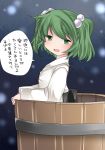  1girl blush bucket commentary green_eyes green_hair hair_bobbles hair_ornament hammer_(sunset_beach) in_bucket in_container kisume looking_at_viewer open_mouth short_hair smile solo touhou translated twintails 