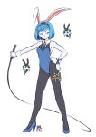  1girl animal_ears armpits blue_eyes blue_hair blue_skin bunny_tail bunnysuit genderswap hairband high_heels league_of_legends looking_at_viewer nam_(valckiry) pantyhose parted_lips rabbit_ears short_hair solo tail whip xerath 