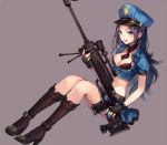  1girl black_hair blue_eyes boots breasts caitlyn_(league_of_legends) cleavage fingerless_gloves full_body gloves gun hat league_of_legends long_hair momoko_(momopoco) rifle scope skirt smile solo weapon 