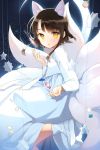  1girl alternate_costume animal_ears bangs brown_hair candy crescent_moon dress fox_ears fox_tail highres kitsune leg_up lollipop mole mole_under_eye moon night open_mouth outstretched_hand parted_bangs salt_(salty) short_hair sita_vilosa solo star sword_girls tail yellow_eyes 