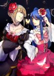  2girls beatrice blonde_hair blue_eyes blue_hair bow butterfly choker crossed_arms dress eye_contact flower furudo_erika grin hair_flower hair_ornament hand_on_hip highres looking_at_another multiple_girls open_mouth rose smile sofy twintails umineko_no_naku_koro_ni wide_sleeves 