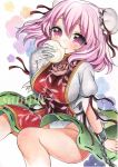  1girl bandages blush breasts bun_cover cuffs double_bun eating flower food highres ibaraki_kasen large_breasts looking_at_viewer mugicha0929 panties pink_eyes pink_hair rose sample short_hair smile solo tabard touhou traditional_media underwear watercolor_(medium) white_panties 