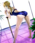  1girl ass back bare_legs bare_shoulders barefoot blonde_hair blush breasts butt_crack competition_swimsuit dripping fate/zero fate_(series) floor from_behind green_eyes indoors kneepits leaning_forward lips looking_back midriff one-piece_swimsuit plant ponytail saber sakichi6891 shinai solo sweat sweatdrop sweating sweating_profusely swimsuit sword water water_drop weapon wet wet_clothes 
