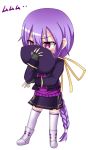 1girl blush braid chibi covering_face eltnum embarrassed hat hat_removed headwear_removed inaba_sunimi jacket long_hair purple_hair single_braid sion_eltnam_atlasia skirt solo thigh-highs under_night_in-birth very_long_hair violet_eyes white_legwear 