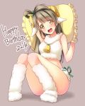  1girl 2014 :d animal_costume animal_ears bell blush boots brown_hair crop_top fur fur_boots happy_birthday highres horns knees_together_feet_apart long_hair looking_at_viewer love_live!_school_idol_project minami_kotori open_mouth pillow ribbon-trimmed_underwear ribbon_trim sheep_costume sheep_ears sheep_horns sitting smile solo thighs underwear yellow_eyes yu-ta 