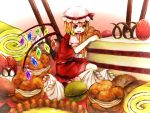  1girl :d blonde_hair cake fang flandre_scarlet food mob_cap open_mouth oversized_object puffy_short_sleeves puffy_sleeves red_eyes rnkgmn short_sleeves side_ponytail skirt smile sweets touhou vest wings 
