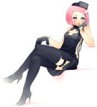  1girl black_gloves blue_eyes boots chin_rest clothes_writing crossed_legs dress eyeshadow garters gloves hair_ornament hairclip hat high_heel_boots high_heels makeup mike_inel nurse nurse_cap original parted_lips pink_hair short_dress side_slit sitting solo thigh-highs thigh_boots 