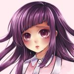  1girl apron atobesakunolove blush close-up crying crying_with_eyes_open dangan_ronpa highres lips long_hair looking_at_viewer mole pink_background purple_hair simple_background solo super_dangan_ronpa_2 tears tsumiki_mikan violet_eyes 