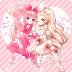  2girls blonde_hair blue_eyes blush boots bow character_name choker copyright_name cure_melody cure_rhythm curly_hair earrings frills green_eyes hair_bow heart heart_earrings houjou_hibiki jewelry long_hair magical_girl midriff minamino_kanade multiple_girls one_eye_closed pink_hair precure ribbon skirt suite_precure thigh-highs twintails uzuki_aki 