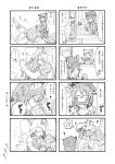  2girls 4koma animal_ears blush comic hair_down hug lizard long_hair mahou_shoujo_madoka_magica miki_sayaka monochrome multiple_girls open_mouth paws short_hair smile tomoe_mami torinone window 