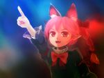  1girl animal_ears bow braid cat_ears fang hair_bow kaenbyou_rin kongari_(kngr) night open_mouth pointing pointy_ears red_eyes redhead ribbon smile solo touhou twin_braids 