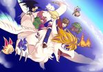  1girl 2boys androgynous blonde_hair blue_sky brown_hair dragon dryad_(seiken_densetsu) dutch_angle everyone flammie flying gnome_(seiken_densetsu) headband jinn_(seiken_densetsu) long_hair luna_(seiken_densetsu) moyashi_(ruh0527) multiple_boys ocean open_mouth popoie purim randi redhead salamander_(seiken_densetsu) seiken_densetsu seiken_densetsu_2 shade_(seiken_densetsu) sky spiky_hair undine_(seiken_densetsu) will-o&#039;-wisp_(seiken_densetsu) 