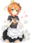  1girl animal_on_head apron blush cat cat_on_head cowboy_shot gloves green_eyes heart heart_hands hoshizora_rin karamoneeze love_live!_school_idol_project maid maid_headdress moe_moe_kyun! paw_print pinstripe_pattern short_hair skirt solo waist_apron white_gloves 