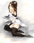  1girl agnes_oblige bare_shoulders boots bravely_default:_flying_fairy bravely_default_(series) brown_hair gloves hairband jewelry knee_boots long_hair makimura_shunsuke necklace sitting solo stone_floor 