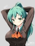  1girl adjusting_hair arms_up blush breasts bust dated gin&#039;ichi_(akacia) green_eyes green_hair grey_background hair_ornament highres kantai_collection large_breasts long_hair looking_at_viewer mouth_hold ponytail school_uniform solo suzuya_(kantai_collection) twitter_username 
