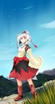  1girl animal_ears boots breasts detached_sleeves fang grass hat highres inubashiri_momiji kourindou_tengu_costume looking_up natui pom_pom_(clothes) red_eyes short_hair silver_hair smile solo tail tokin_hat touhou wolf_ears wolf_tail 