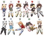  6+girls animal_ears aqua_eyes arms_behind_back black_hair blonde_hair blue_eyes braid brown_eyes brown_hair bunny_tail cat_ears cat_tail charlotte_e_yeager chibi dog_ears dog_tail eila_ilmatar_juutilainen erica_hartmann eyepatch fang francesca_lucchini gertrud_barkhorn glasses green_eyes grin hair_ribbon hands_on_hips hat heterochromia highres katana kinakomoti looking_at_viewer lynette_bishop military military_uniform minna-dietlinde_wilcke miyafuji_yoshika multiple_girls no_pants one_eye_closed open_mouth orange_hair panties pantyhose perrine_h_clostermann ponytail rabbit_ears red_eyes redhead ribbon sakamoto_mio sanya_v_litvyak scabbard sheath silver_hair smile strike_witches striker_unit striped striped_panties swimsuit swimsuit_under_clothes sword tail twintails underwear uniform violet_eyes weapon yellow_eyes 