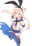  1girl animal_ears blonde_hair blue_skirt cat_ears cat_tail commentary_request cosplay elbow_gloves fang gloves hairband hand_on_hip kantai_collection long_hair looking_at_viewer original pine red_eyes shimakaze_(kantai_collection) shimakaze_(kantai_collection)_(cosplay) skirt smile solo striped striped_legwear tail thigh-highs white_gloves 