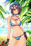  1girl ascot beach beret bikini black_gloves black_hair breasts cleavage clouds contrapposto cowboy_shot dappled_sunlight flower gloves hat horizon kantai_collection large_breasts looking_at_viewer navel ocean red_eyes short_hair sky solo striped striped_bikini striped_swimsuit swimsuit takao_(kantai_collection) wet zonana 
