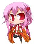  1girl bare_shoulders black_legwear blush center_opening chibi detached_sleeves elbow_gloves fingerless_gloves gloves guilty_crown hair_ornament long_hair looking_at_viewer lowres navel pac-man_eyes pink_hair red_eyes smile solo suntail thigh-highs twintails yuzuriha_inori 