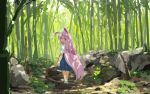  1girl animal_ears bamboo bamboo_forest forest long_hair nature purple_hair rabbit_ears red_eyes reisen_udongein_inaba skirt smile solo suna_(s73d) touhou 