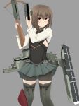  1girl absurdres bike_shorts bow_(weapon) breasts brown_eyes brown_hair cowboy_shot crossbow flight_deck grey_background headgear highres kantai_collection long_sleeves looking_at_viewer magazine_(weapon) mecha_musume miniskirt pleated_skirt shirubi_(shiruvi_v) sideboob simple_background skirt small_breasts solo taihou_(kantai_collection) thigh-highs weapon 