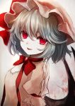  1girl adapted_costume alternate_costume bat_wings blood blue_hair bust choker hat hat_ribbon looking_at_viewer maho_moco mob_cap puffy_sleeves red_eyes remilia_scarlet ribbon ribbon_choker shirt short_hair short_sleeves simple_background smile solo tongue tongue_out touhou wings 