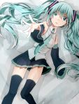  1girl asuku_(69-1-31) detached_sleeves green_eyes green_hair hatsune_miku long_hair necktie outstretched_arm reaching skirt solo thigh-highs twintails very_long_hair vocaloid 