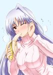  1girl banana blush breasts diesel-turbo eating food fruit impossible_clothes impossible_sweater large_breasts long_hair long_sleeves lyrical_nanoha mahou_shoujo_lyrical_nanoha mahou_shoujo_lyrical_nanoha_a&#039;s one_eye_closed reinforce sexually_suggestive silver_hair solo sweater turtleneck 