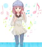  1girl :d casual hat long_hair looking_at_viewer meigo_arisa musical_note open_mouth patisurotto pink_hair smile solo to_aru_majutsu_no_index violet_eyes 