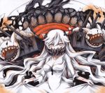  1girl covered_mouth horns iroha_(nullpo) kantai_collection long_hair looking_at_viewer machinery midway_hime monster open_mouth pale_skin red_eyes sharp_teeth solo turret veins white_hair 