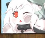  1girl against_glass airplane evandragon holding horns kantai_collection long_hair looking_at_viewer mittens northern_ocean_hime one_eye_closed open_mouth red_eyes shinkaisei-kan solo white_hair white_skin 