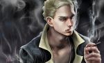  1boy blonde_hair blue_eyes cigarette formal genderswap jojo_no_kimyou_na_bouken prosciutto realistic sig000 smoke solo suit 