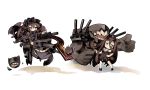  2girls battleship-symbiotic_hime black_hair chibi gothic_lolita highres horns isolated_island_oni itsukia kantai_collection lolita_fashion long_hair monster multiple_girls open_mouth pale_skin pointing red_eyes shinkaisei-kan smile turret 