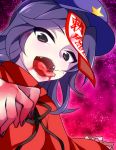  1girl blood blood_on_face fangs hat knbilove miyako_yoshika ofuda purple_hair solo tongue tongue_out touhou violet_eyes 