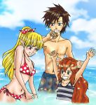  1girl 2boys bikini blonde_hair blue_eyes breasts brown_hair cleavage green_eyes high_ponytail long_hair multiple_boys nayutoshi ocean one-piece_swimsuit pointy_ears polka_dot polka_dot_bikini polka_dot_swimsuit popoie purim randi red_bikini redhead seiken_densetsu seiken_densetsu_2 shirtless splashing swimsuit violet_eyes wading 