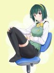  1girl black_legwear blush chair green_hair hairband highres idolmaster looking_at_viewer mole no_shoes otonashi_kotori pencil_skirt pink_eyes short_hair sitting skirt smile solo thigh-highs ukkii 