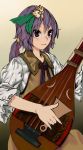  1girl biwa_lute bow dress flower gradient gradient_background hair_flower hair_ornament hair_ribbon instrument long_hair long_sleeves lute_(instrument) onion_(onion_and_pi-natto) playing_instrument puffy_sleeves purple_hair ribbon simple_background smile solo touhou tsukumo_benben twintails violet_eyes wide_sleeves 