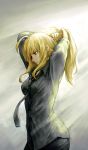  1girl ahoge arms_up blonde_hair fate/stay_night fate/zero fate_(series) green_eyes long_hair necktie profile saber shirt solo tagme yinanhuanle 