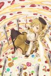  1girl :d blonde_hair cup drill_hair fingerless_gloves from_above gloves gun hat holding looking_at_viewer mahou_shoujo_madoka_magica moai_(aoh) no_panties open_mouth rifle smile solo striped striped_legwear teacup tomoe_mami weapon yellow_eyes 