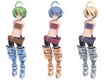  3girls ahoge alternate_color arms_behind_back belt beltbra bike_shorts blonde_hair blue_eyes blue_hair boots brown_eyes character_sheet disgaea disgaea_d2 expressionless female_warrior_(disgaea) greaves green_eyes green_hair harada_takehito headband midriff multiple_girls multiple_persona navel official_art pointy_ears short_hair standing thigh-highs thigh_boots white_background 