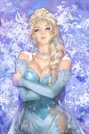  1girl bare_shoulders blonde_hair braid braveking breasts choker cleavage collarbone crossed_arms detached_sleeves dress elsa_(frozen) eyelashes eyeshadow frozen_(disney) hair_ornament highres jewelry lips long_hair looking_at_viewer makeup necklace nose realistic see-through shiny shiny_skin single_braid snowflakes solo strapless_dress violet_eyes 