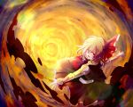  1girl blonde_hair darkness frilled_skirt frills hair_ribbon highres looking_at_viewer looking_back naozi outstretched_arms ribbon rumia shirt short_hair skirt spread_arms touhou twilight vest 
