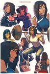  1girl alternate_hair_length alternate_hairstyle ankle_wraps avatar:_the_last_airbender barefoot black_hair blue_eyes caleb_thomas chin_rest collage dark_skin detached_sleeves exercise expressions highres korra legend_of_korra punching short_hair solo tank_top weightlifting weights wrist_wraps 