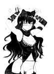  1girl :&lt; animal_ears armpits arms_up bandages bare_shoulders blake_belladonna blush cat_ears garter_straps highres lineart long_hair looking_up monochrome rwby simple_background sleeveless solo sparkle stormcow thigh-highs white_background 