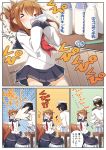  &gt;_&lt; 1boy 4girls =_= admiral_(kantai_collection) akatsuki_(kantai_collection) black_hair blush bottle brown_hair comic drinking folded_ponytail hat hibiki_(kantai_collection) highres ikazuchi_(kantai_collection) inazuma_(kantai_collection) kantai_collection long_hair milk milk_bottle multiple_girls school_uniform serafuku short_hair silver_hair skirt spit_take spitting translated yume_no_owari 