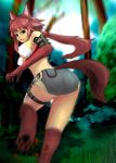  :3 animal_ears ass belt_pouch breasts brown_hair claws criss-cross_halter forest grass green_eyes halter_top halterneck highres hiragana_(gomasyabu) large_breasts long_hair looking_at_viewer looking_back motion_blur nature original paws ponytail pouch running short_shorts shorts tail test_tube thigh_strap thighs tree twisted_torso wolf_ears wolf_girl wolf_paws wolf_tail 