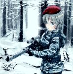  1girl anastasia_(idolmaster) beret blue_eyes butaneko camouflage gun hat idolmaster idolmaster_cinderella_girls rifle short_hair silver_hair sniper_rifle snow solo weapon 