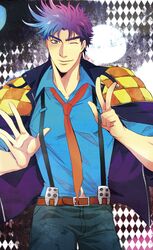  1boy blue_eyes blue_hair gradient_hair jacket jojo_no_kimyou_na_bouken joseph_joestar_(young) multicolored_hair one_eye_closed purple_hair solo suspenders suspenders_pull warabi_mk501 